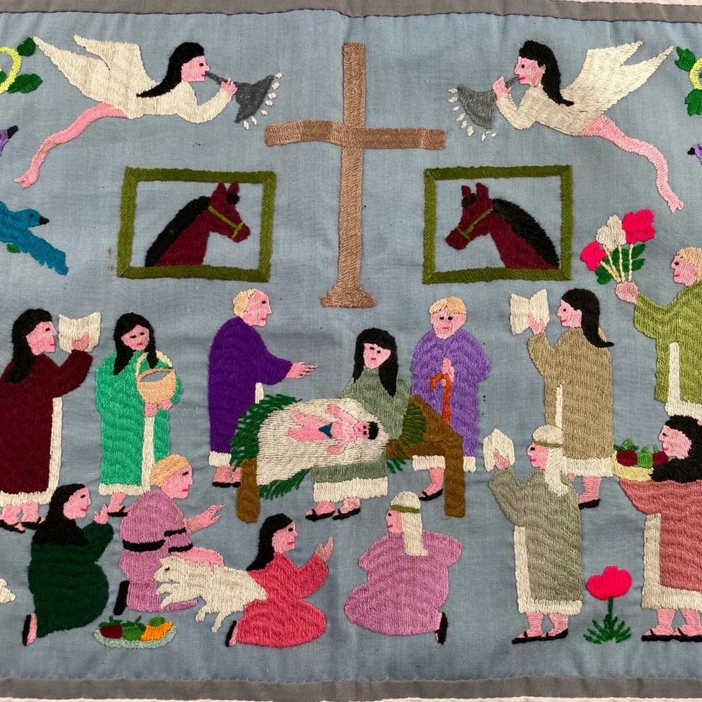 VTG‎ Hmong Story Cloth Embroidered Textile Wall Hanging Religious Nativity Folk